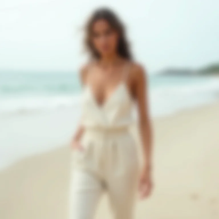 Mulher bronzeada de macacão de linho em frente ao mar