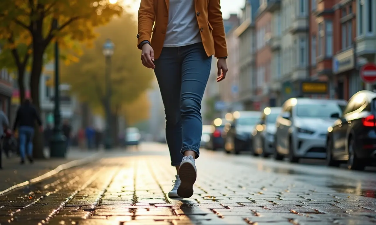 Mulher caminhando com segurança em piso drenante molhado.