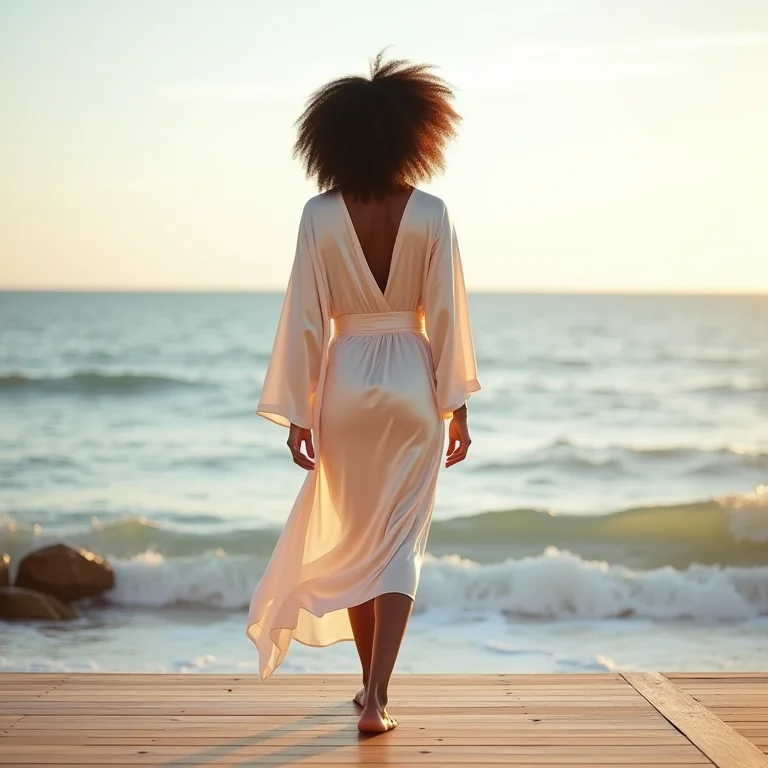 Mulher caminhando em direção ao mar em pousada sofisticada