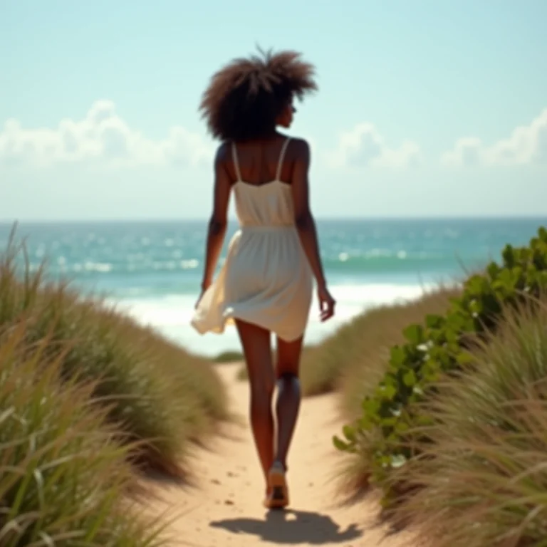 Mulher caminhando na trilha da Praia do Bonete, São Paulo