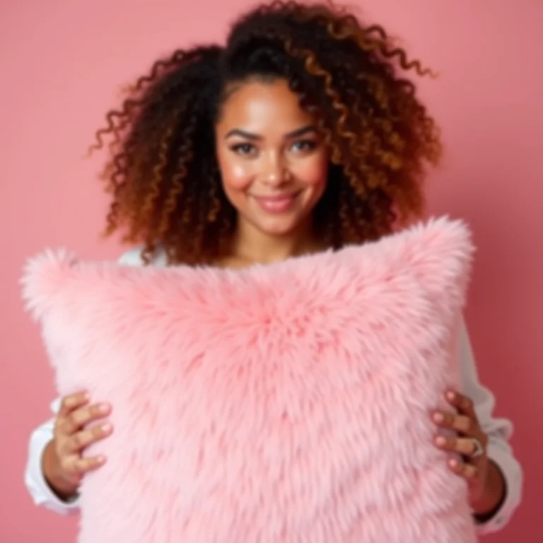 Mulher cercada de acessórios cor de rosa.