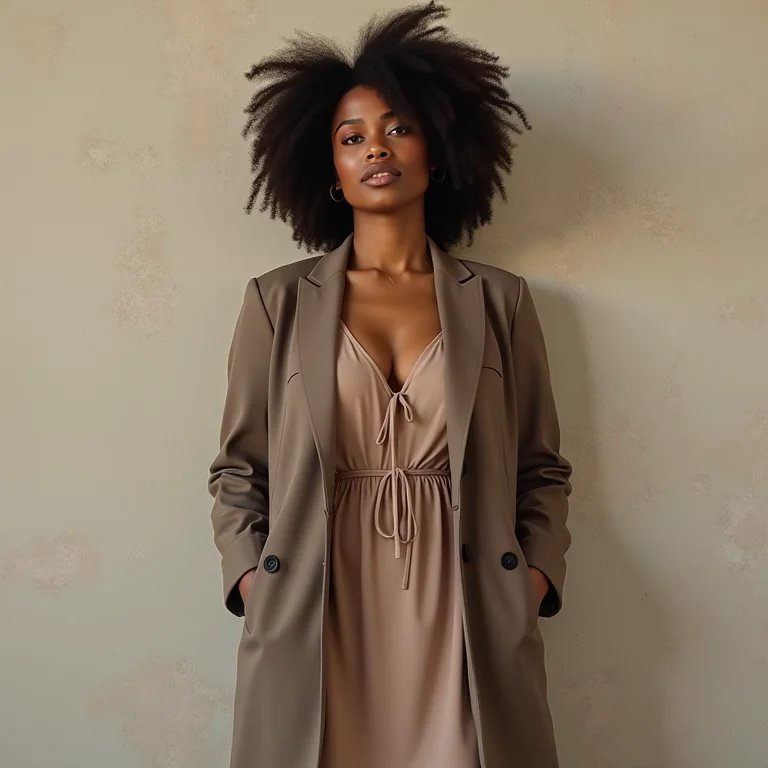 Mulher com blazer alongado sobre um vestido