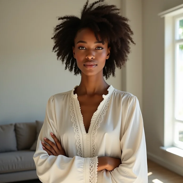 Mulher com blusa soltinha em um apartamento moderno