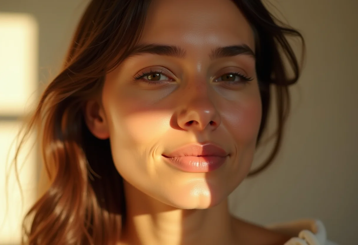 Mulher com cabelo brilhante e saudável sob luz natural