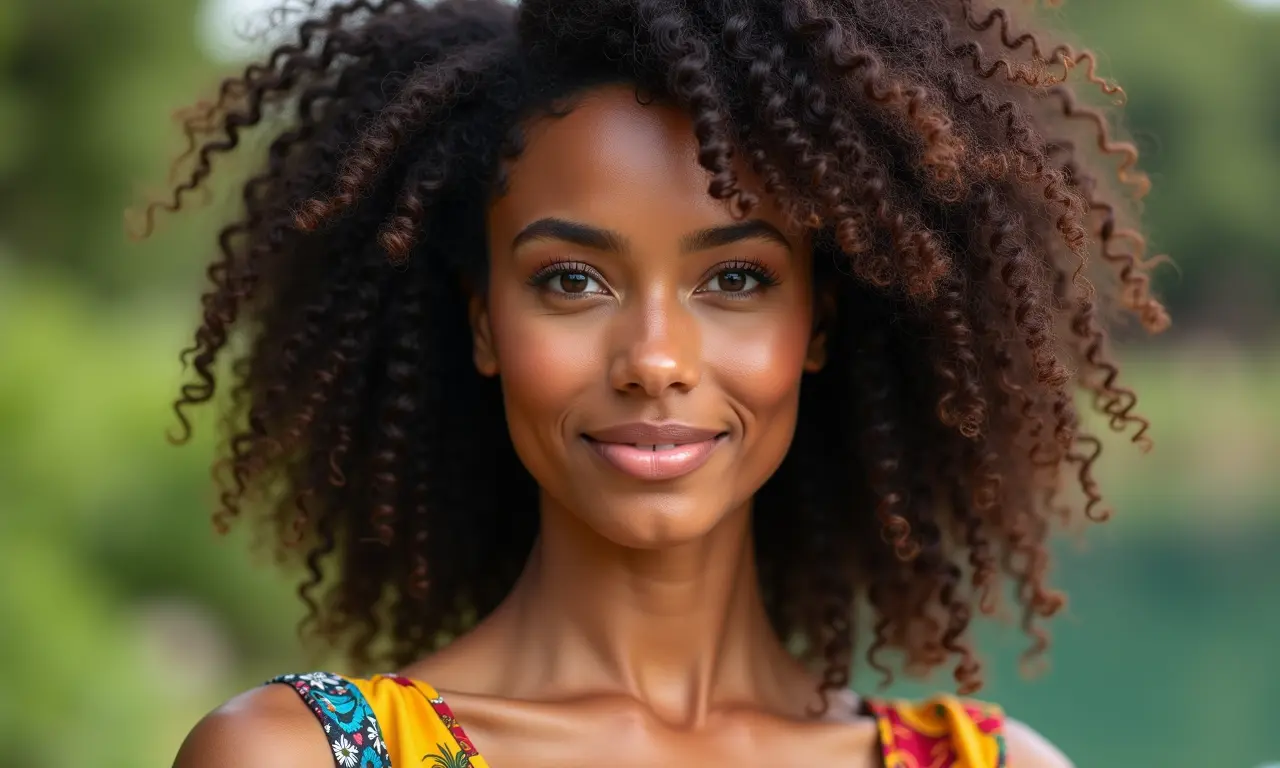 Mulher com cabelo cacheado, exibindo cachos definidos e hidratados.