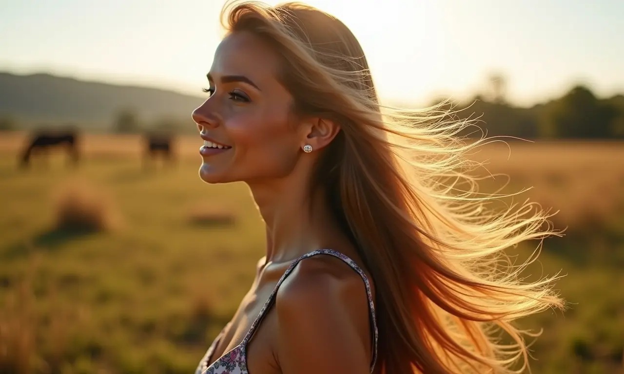 Mulher com cabelo liso e brilhante ao vento, em um cenário colorido.