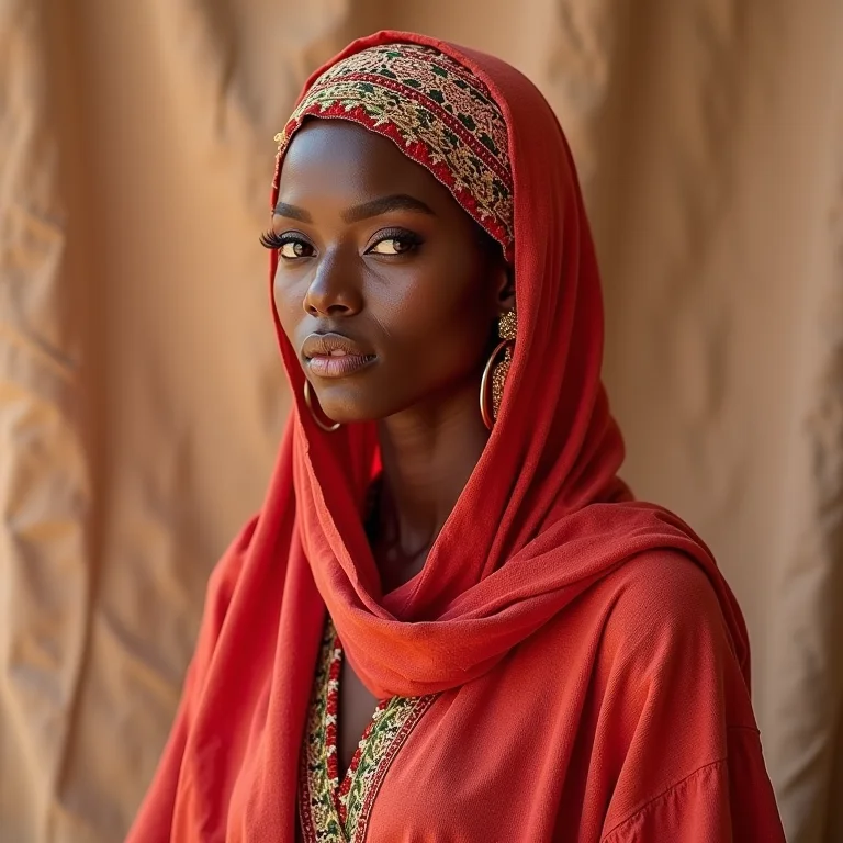 Mulher com caftan marroquino e lenço na cabeça, representando a cultura local