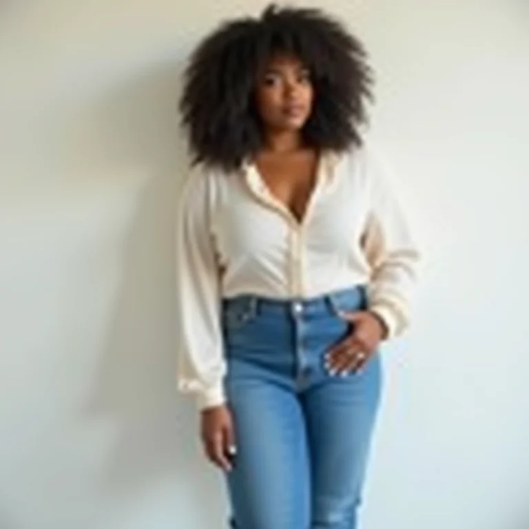 Mulher com calça de cintura alta e blusa dentro da calça