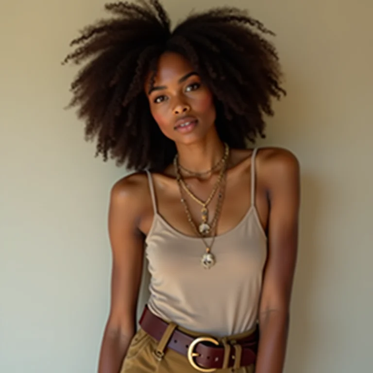 Mulher com cinto e colares estilosos