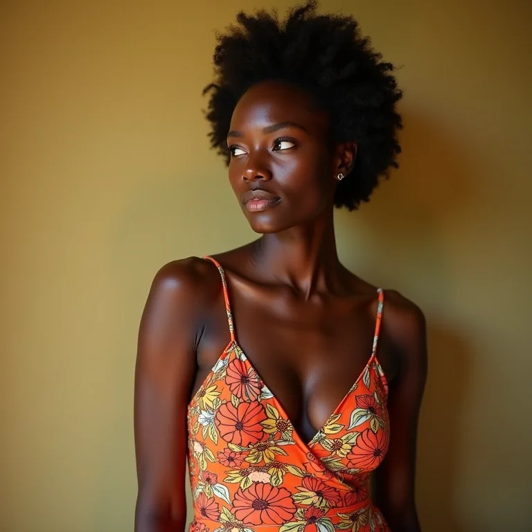 Mulher com estampa divertida e vibrante em um vestido.