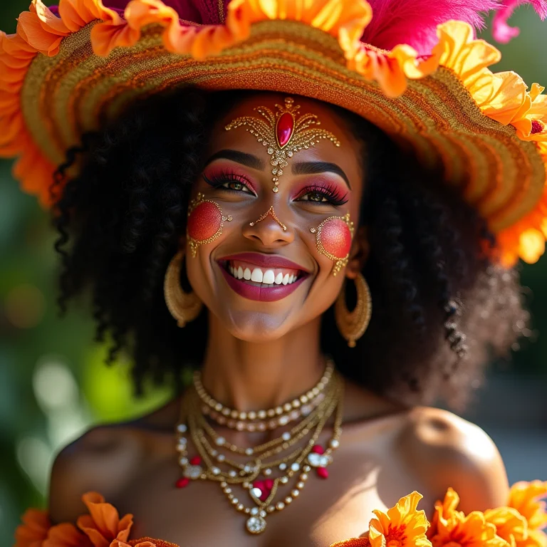 Mulher com fantasia criativa e elaborada no Carnaval.