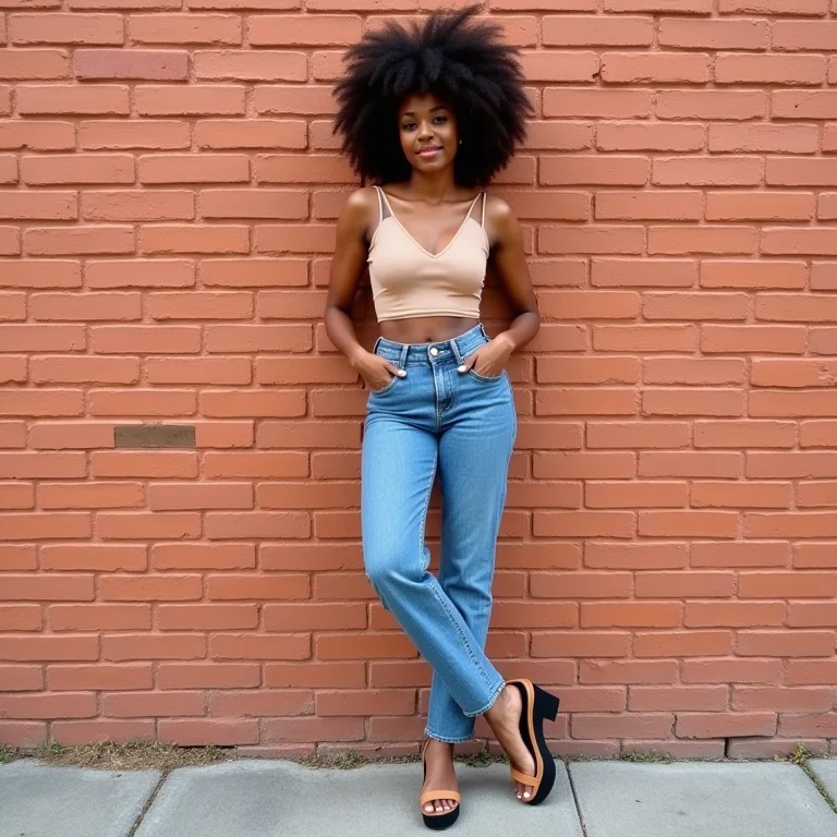 Mulher com jeans, cropped e tamancos plataforma em parede de tijolos.