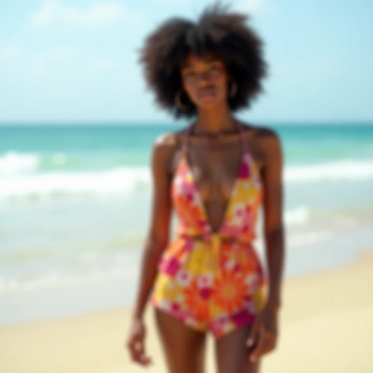 Mulher com macacão estampado na praia