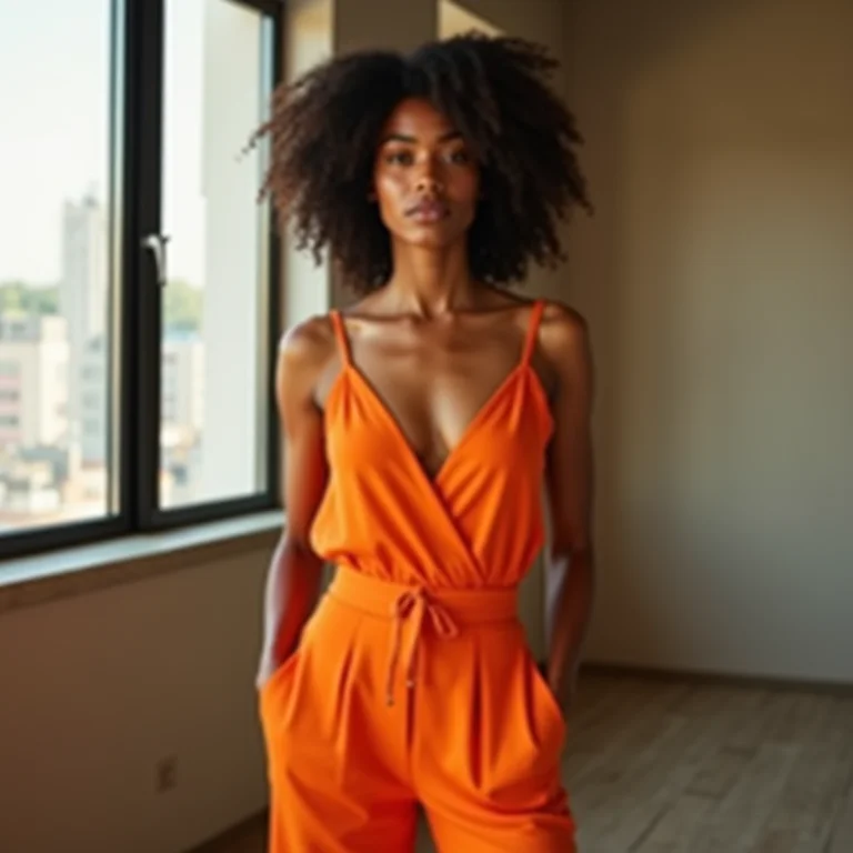 Mulher com macacão laranja posando em loft moderno