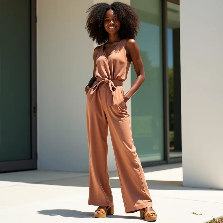 Mulher com macacão pantacourt e tamancos plataforma em frente a prédio moderno.