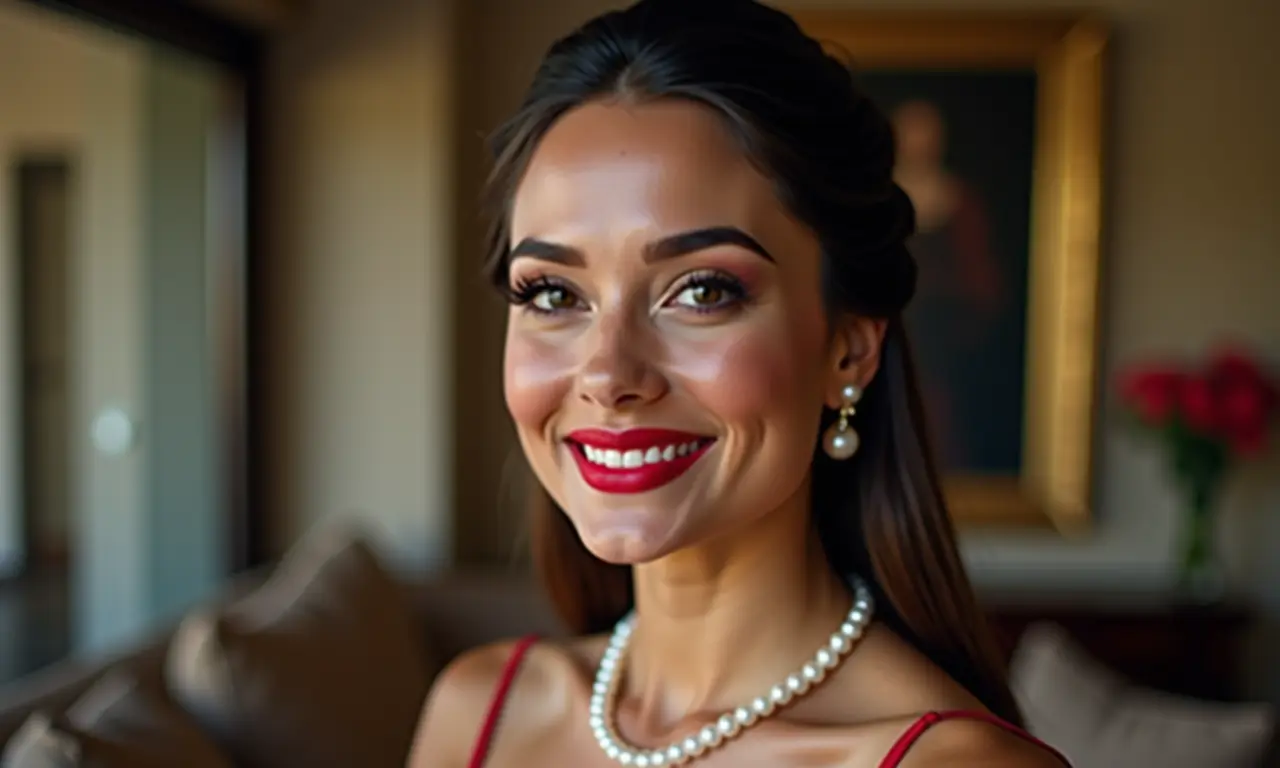 Mulher com maquiagem clássica para formatura, batom vermelho e vestido elegante.