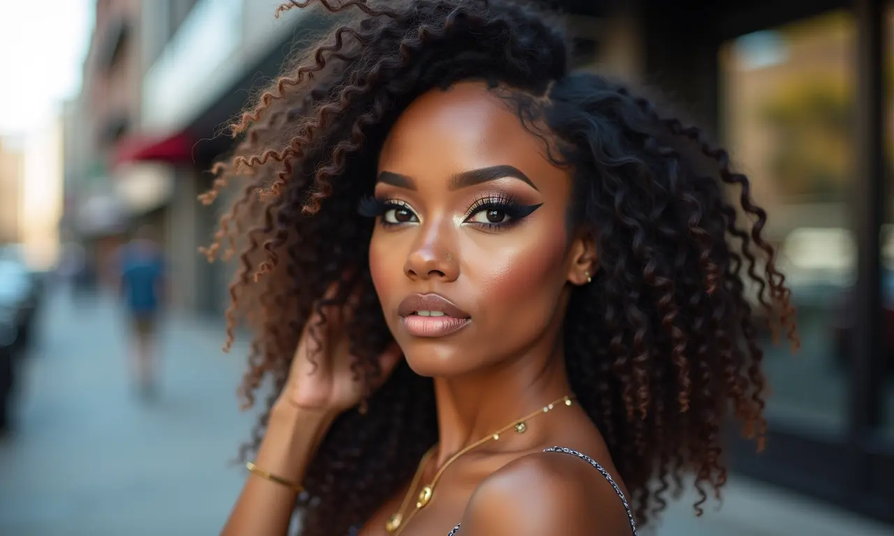 Mulher com maquiagem moderna para formatura, delineador ousado e sombra com glitter.