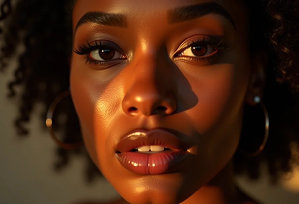 Mulher com maquiagem radiante que levanta o olhar