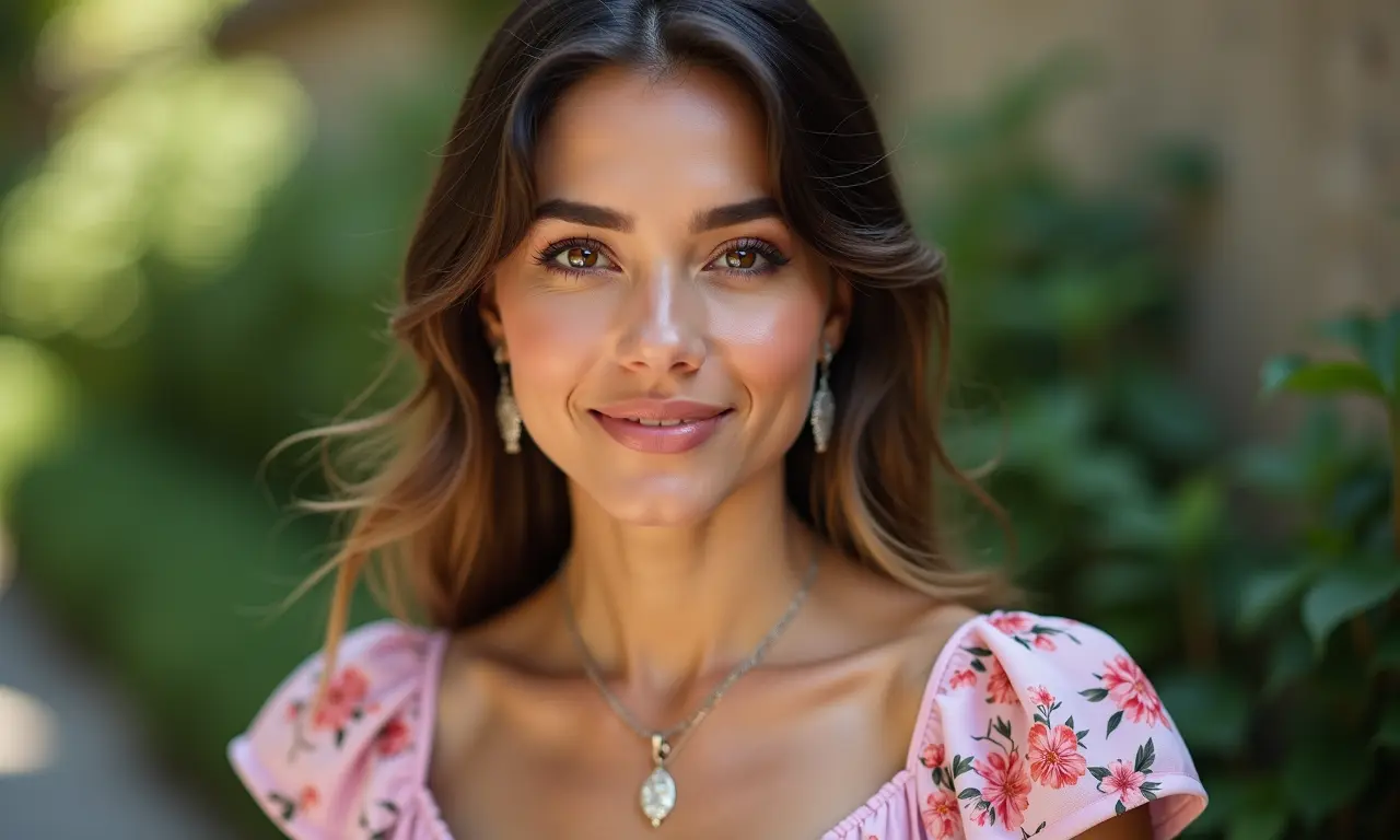 Mulher com maquiagem romântica para formatura, tons de rosa e vestido floral.