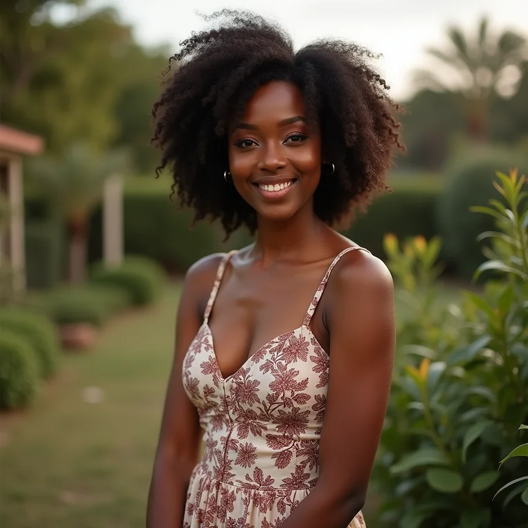 Mulher com pele morena vestindo um vestido com estampa pequena estrategicamente posicionada em um jardim