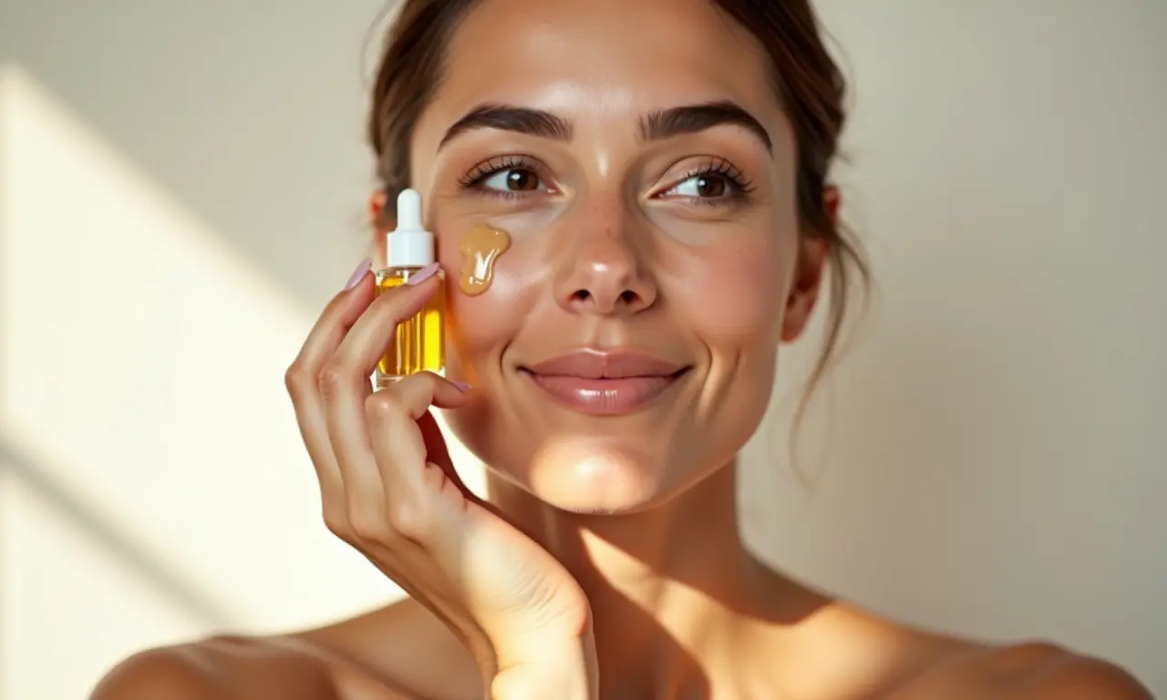 Mulher com pele oleosa usando essência facial.