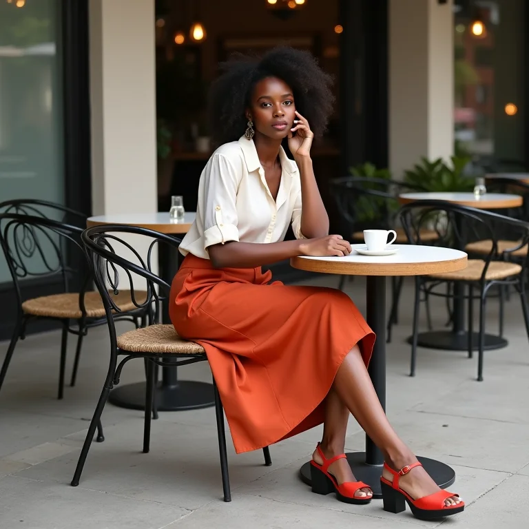 Mulher com saia midi, blusa de seda e tamancos plataforma em café.