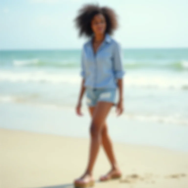 Mulher com shorts, camisa e tamancos plataforma na praia.