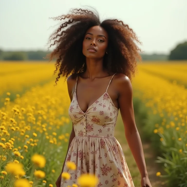 Mulher com vestido de estampa floral pequena caminhando em um campo