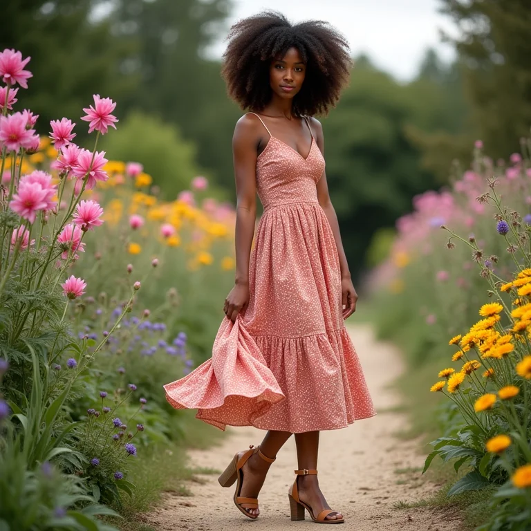 Mulher com vestido e tamanco plataforma em um jardim florido