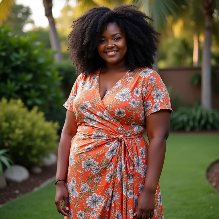 Mulher com vestido envelope em um jardim