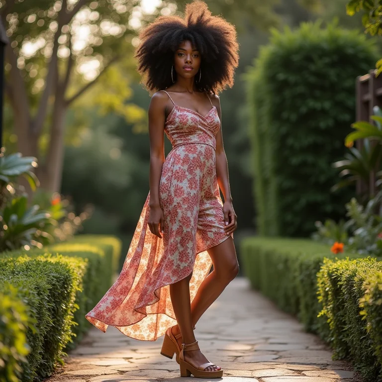 Mulher com vestido floral e tamancos plataforma em jardim.