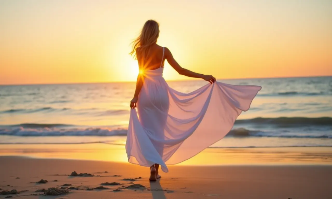 Mulher com vestido longo e fluido na praia, irradiando elegância e conforto.