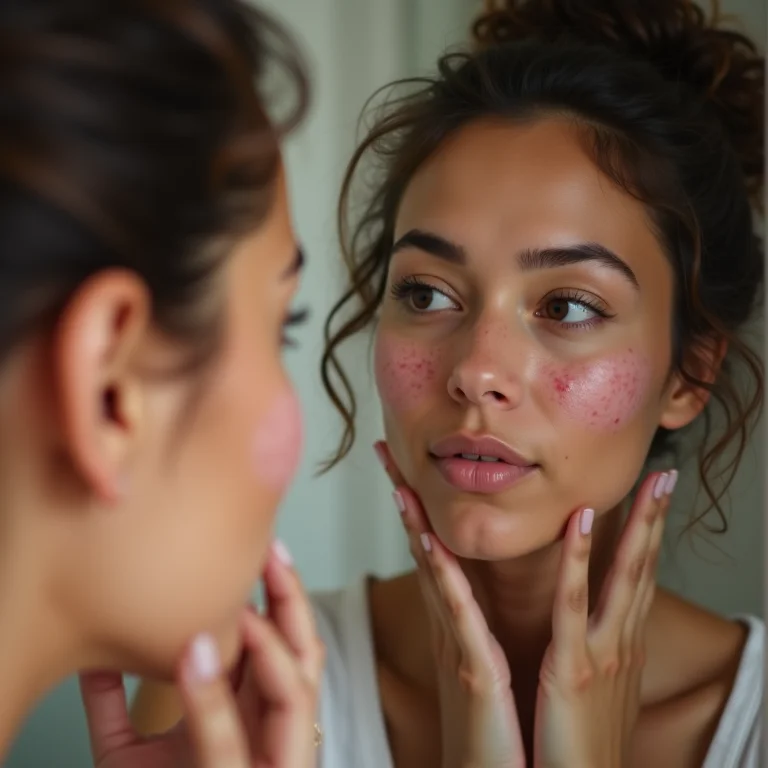 Mulher comparando a pele irritada com imagem de referência.