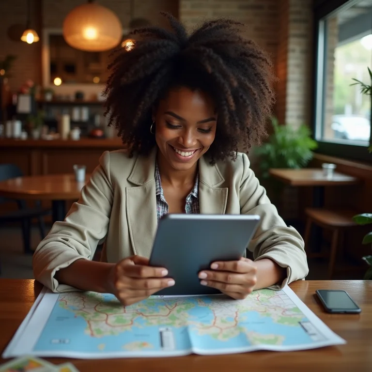 Mulher comparando mapa digital e impresso em café