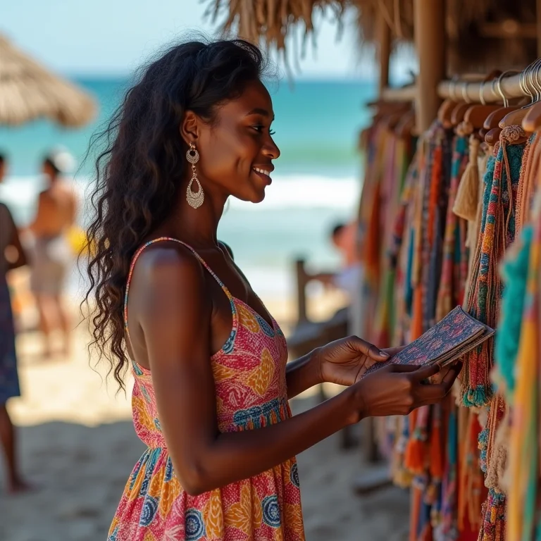 Mulher comprando artesanato local na Praia de Pajuçara, Maceió