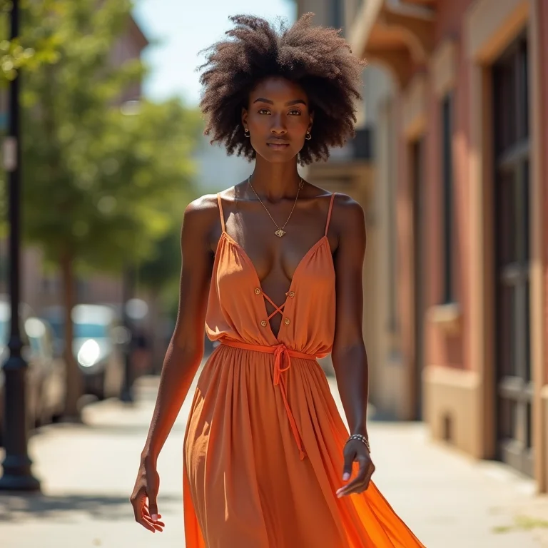 Mulher confiante evitando roupas justas e usando um vestido fluido