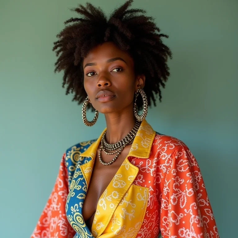 Mulher confiante usando um look com cores vibrantes e estampas misturadas, representando a ousadia da moda dopamina.