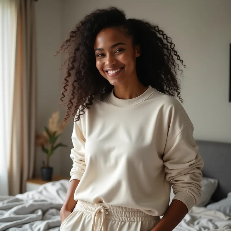 Mulher confortável e estilosa usando roupa de descanso, representando a importância do conforto na moda.