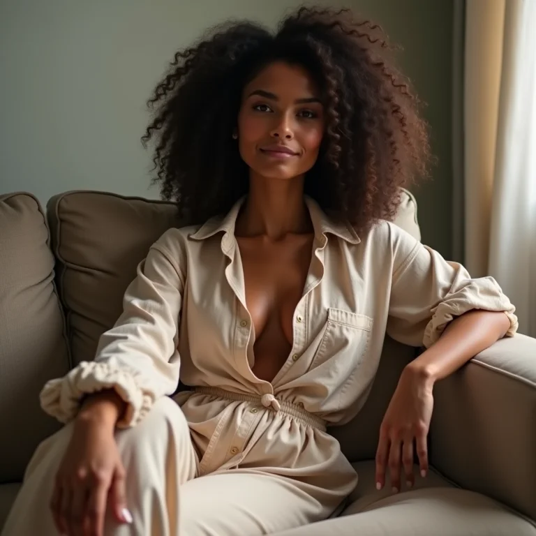 Mulher confortável usando roupas soltas e fluidas em casa