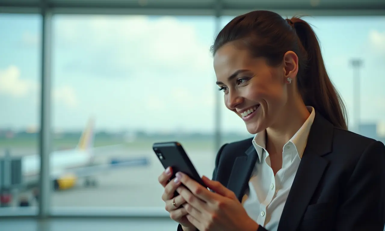 Mulher consultando planos de roaming internacional no smartphone.