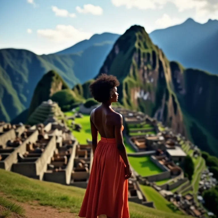 Mulher contemplando as ruínas de Machu Picchu