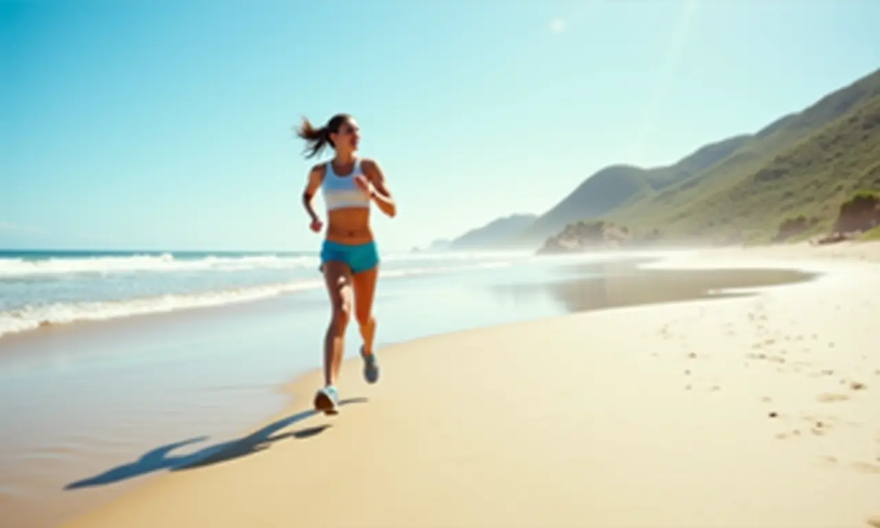 Mulher correndo em uma praia ensolarada no Brasil.