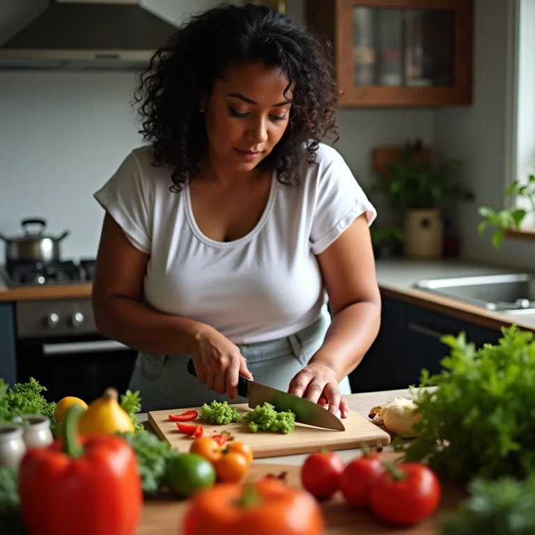 Mulher cortando legumes na bancada iluminada