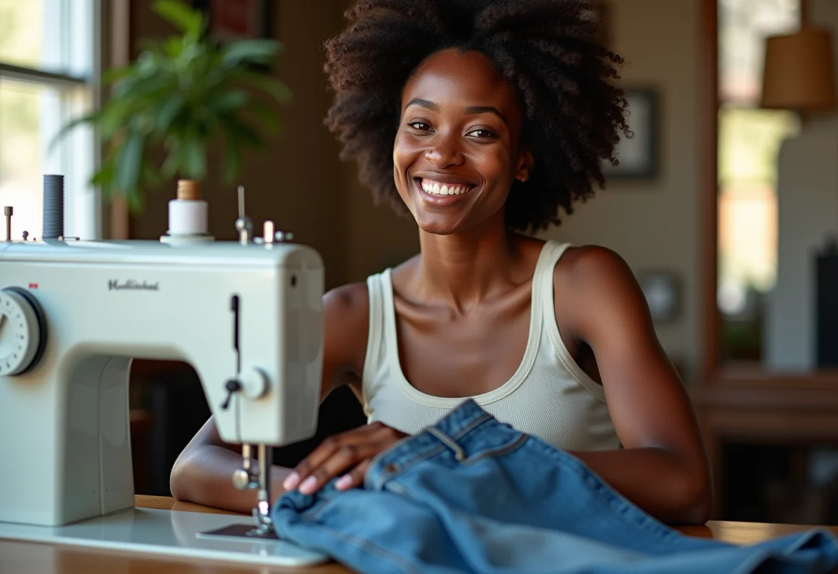 Mulher costurando barra de calça jeans em casa