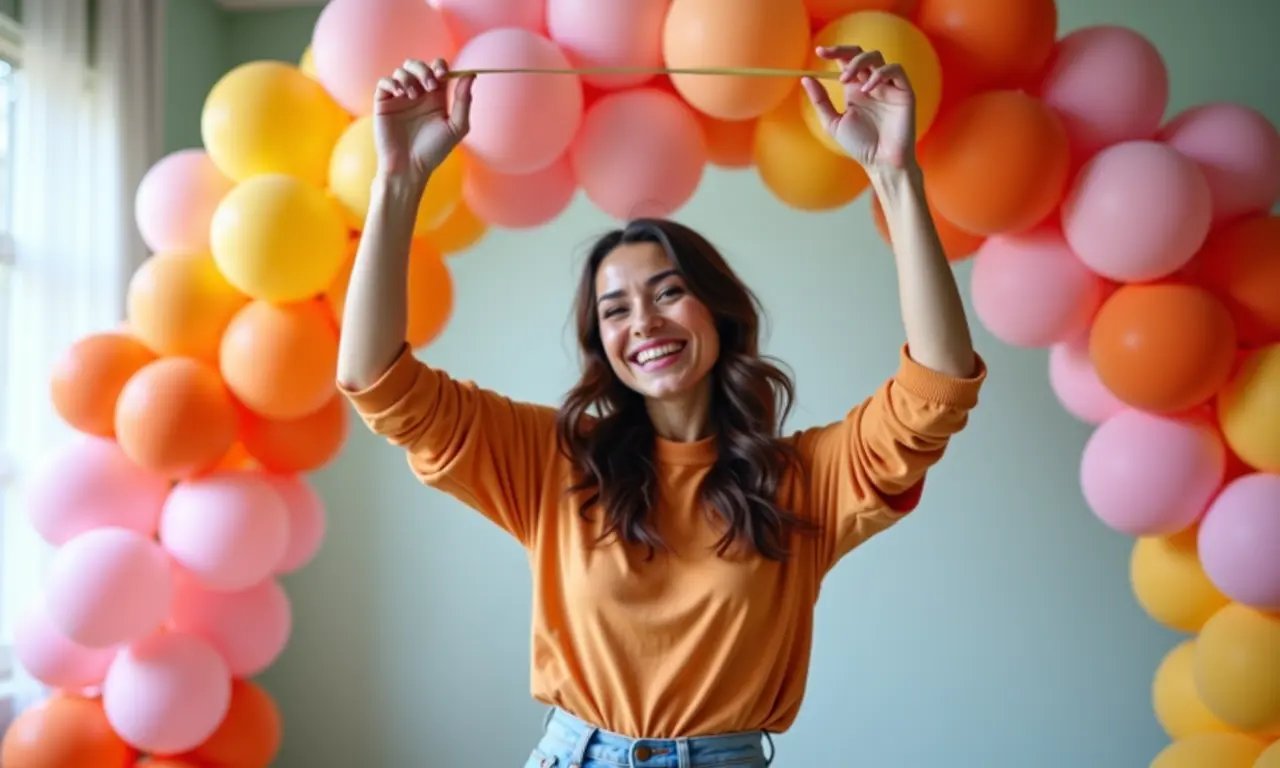 Mulher criando arco de balões desconstruído.