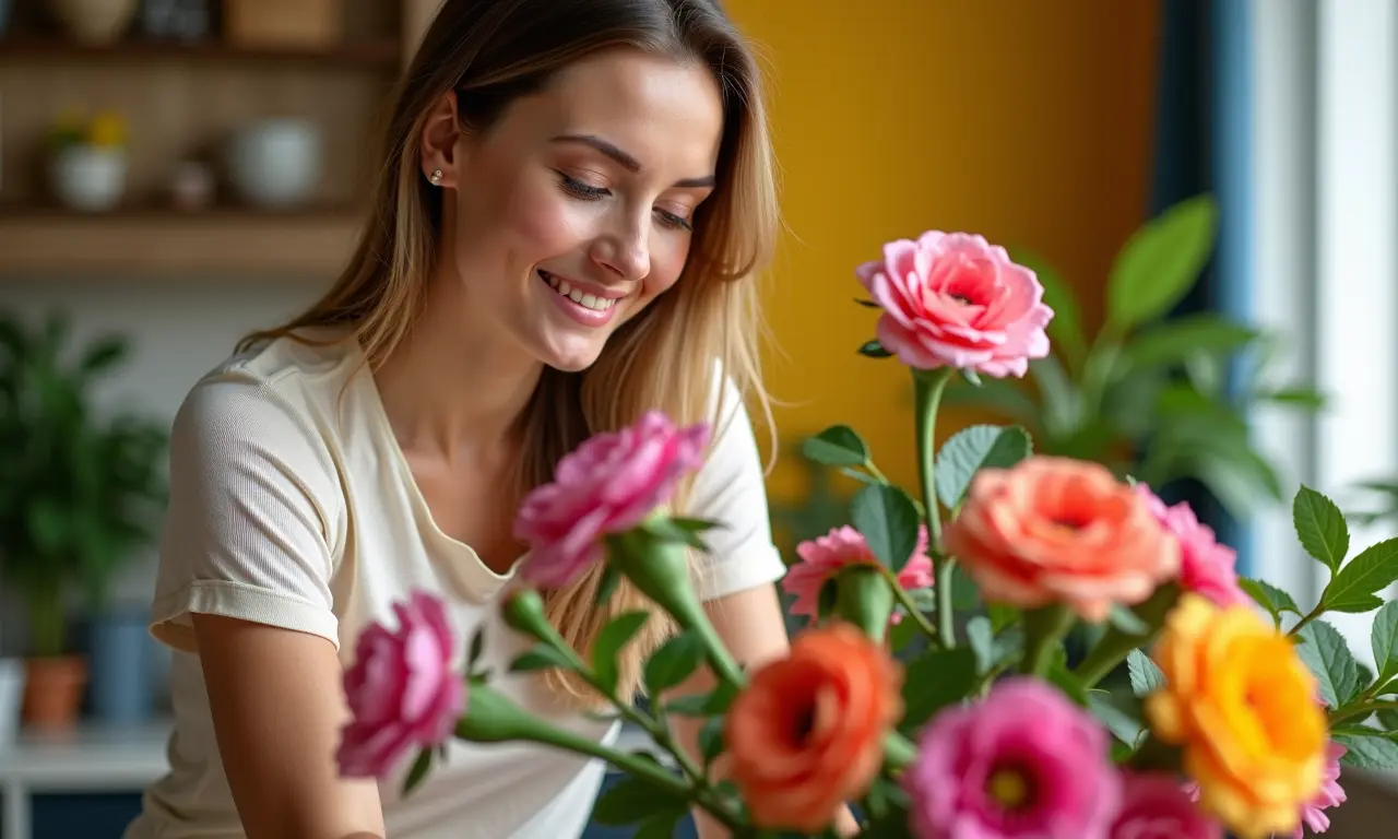 Mulher criando um arranjo de flores artificiais em um vaso, em um ambiente colorido.