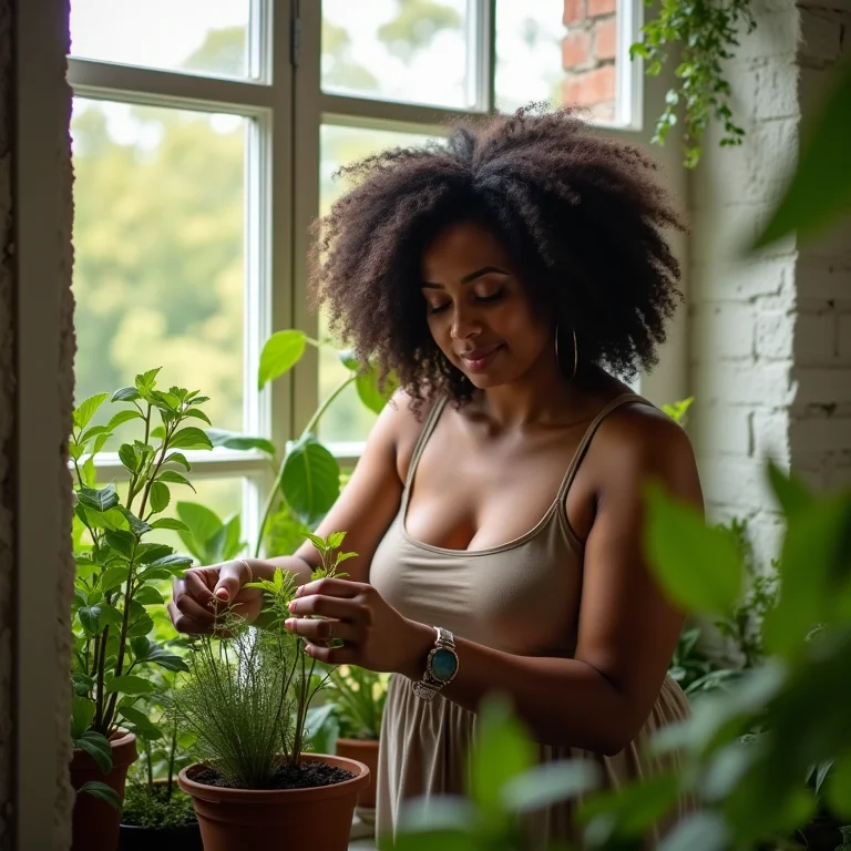 Mulher cuidando de plantas em sua sacada