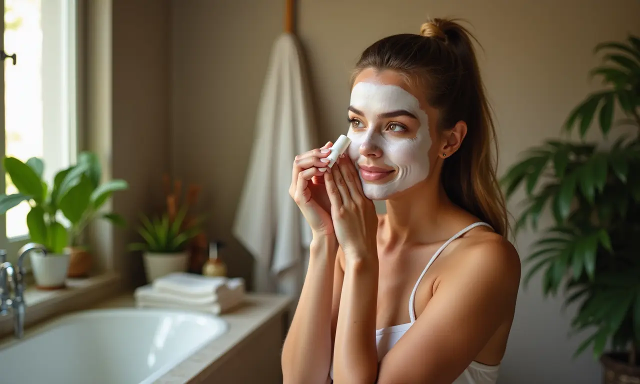 Mulher cuidando de si com carinho e respeito, em um ritual de autocuidado.