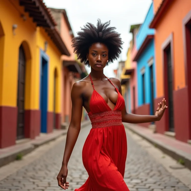Mulher dançando nas ruas coloridas de Cartagena, Colômbia