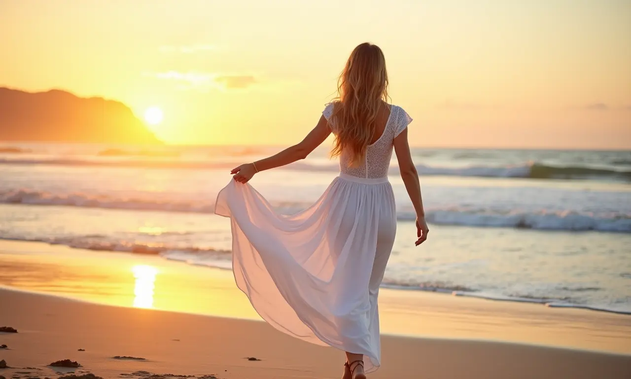 Mulher de branco na praia de Ipanema ao nascer do sol, transmitindo paz.
